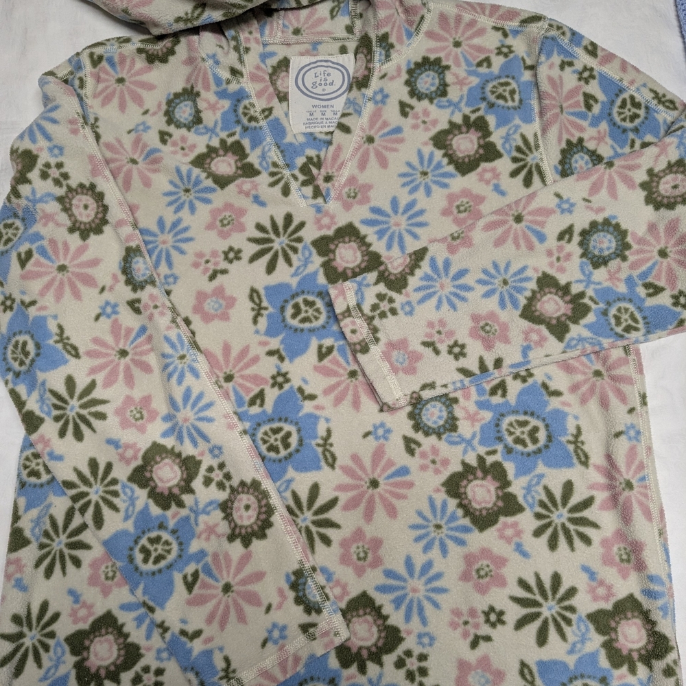 Life Is Good Womens Floral V-Neck Sweater in Cream, Blue, Pink, and Green.